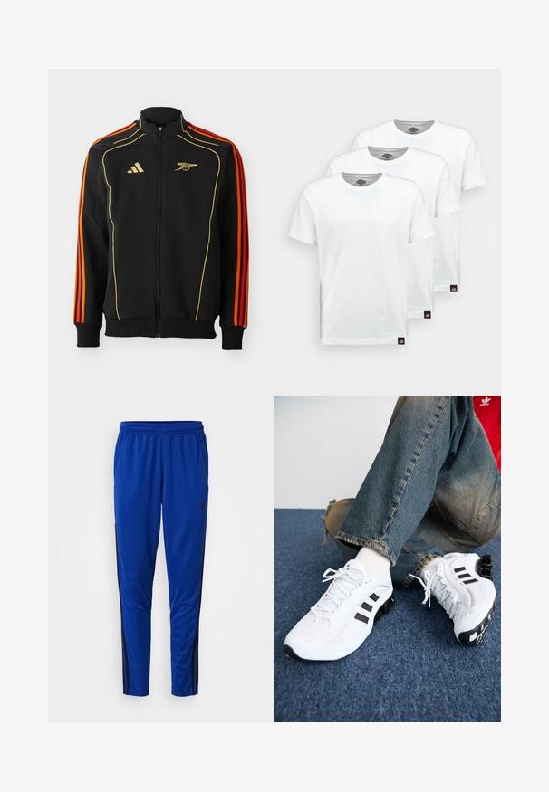 Chaqueta negra con cremallera y acentos en dorado y naranja. Presenta tres franjas naranjas en las mangas y un logo en el pecho. Fabricada con un tejido suave.; Tres camisetas de algodón blanco liso con mangas cortas. Cada camiseta tiene un escote redondo y una pequeña etiqueta de logo negra en el lado izquierdo.; adidas Performance TRAIN ESSENTIALS 3-STRIPES - Pantalones deportivos - semi lucid blue; Zapatillas deportivas de malla blanca con acentos en negro, que presentan un diseño texturizado y una suela distintiva, combinadas con jeans de mezclilla azul.