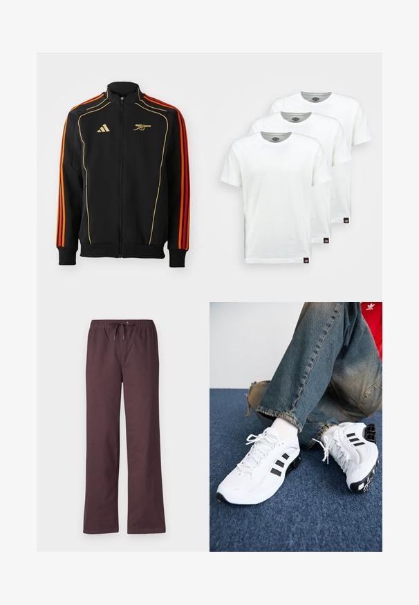 Sort zip-up jakke med guld- og orange detaljer. Har tre orange striber på ærmerne og et logo på brystet. Fremstillet af blødt stof.; Tre ensfarvede hvide bomulds t-shirts med korte ærmer. Hver shirt har en rund halsudskæring og et lille sort logo mærke på venstre side.; Lilla bomuldsbukser med elastisk talje og snor. De har et lige ben-design og en glat tekstur.; Hvide mesh sportsko med sorte accenter, der har et struktureret design og en særpræget sål, parret med blå denimjeans.
