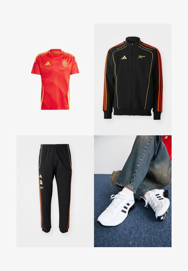 Mustapaitapusa, jossa on kultaisia ja oransseja yksityiskohtia. Ominaisuuksia ovat kolme oranssia raitaa hihoissa ja logo rinnassa. Valmistettu pehmeästä kankaasta.; Punainen urheilupaita lyhyillä hihoilla, jossa on tekstuuri, keltaisia yksityiskohtia ja Espanjan kansallisen jalkapallojoukkueen logo.; Musta urheiluhousut, joissa on joustava vyötärö, kultaiset ja punaiset sivuviivat sekä keltaiset logot vasemmassa reidessä.; Valkoiset verkkomateriaalista valmistetut urheilukengät mustilla yksityiskohdilla, joissa on teksturoitu muotoilu ja erottuva pohja, paritettu sinisten farkkujen kanssa.