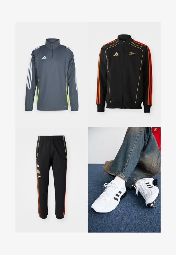 Černá zipová bunda se zlatými a oranžovými akcenty. Má tři oranžové pruhy na rukávech a logo na hrudi. Vyrobena z měkké tkaniny.; Tmavě šedý sportovní svetr s čtvrtinovým zipem, bílými pruhy na ramenech a jasně zeleným bočním panelem. Vyrobeno z hladké, prodyšné tkaniny.; Černé sportovní kalhoty s elastickým pasem, zlatými a červenými bočními pruhy a žlutými logy na levém stehně.; Bílé síťované sportovní boty s černými detaily, s texturovaným designem a výraznou podrážkou, spárované s modrými džínami.