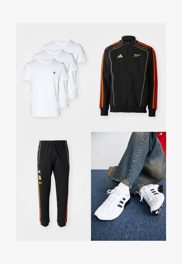Čierna bunda na zips s zlatými a oranžovými akcentmi. Obsahuje tri oranžové pruhy na rukávoch a logo na hrudi. Vyrobená z mäkkej tkaniny.; Tri biele bavlnené tričká s okrúhlym výstrihom, ozdobené malým logom na ľavej hrudi. Hladká textúra; klasický strih.; Čierne športové nohavice s elastickým pásom, zlatými a červenými bočnými pruhmi a žltými logami na ľavom stehne.; Biele sieťované športové topánky s čiernymi akcentmi, ktoré majú textúrovaný dizajn a charakteristickú podrážku, v kombinácii s modrými džínsami.