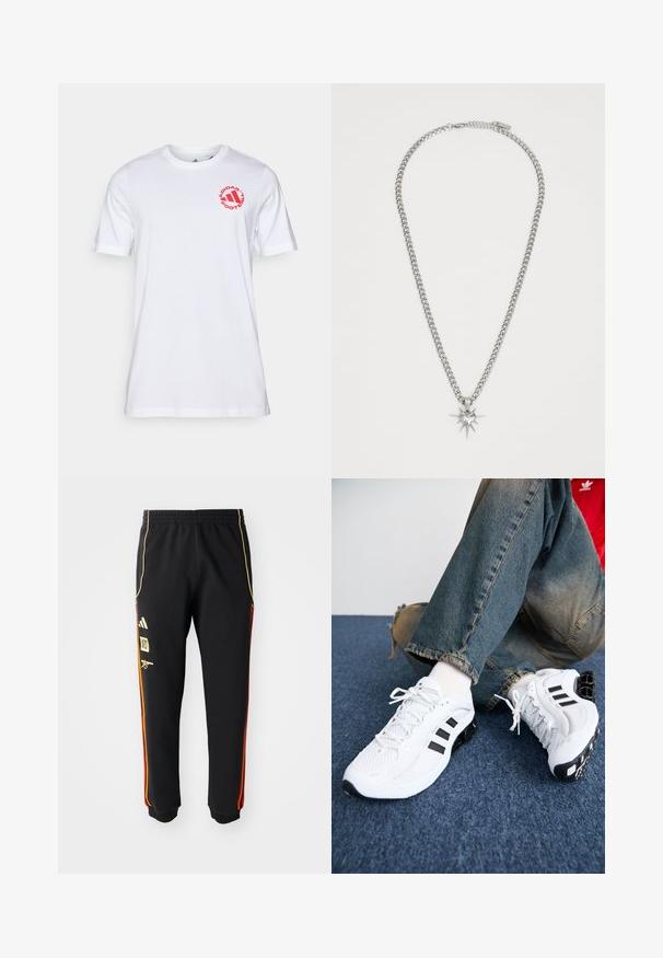 Mustapaitapusa, jossa on kultaisia ja oransseja yksityiskohtia. Ominaisuuksia ovat kolme oranssia raitaa hihoissa ja logo rinnassa. Valmistettu pehmeästä kankaasta.; Valkoinen puuvillapaita, jossa on pyöreä pääntie ja lyhyet hihat. Punainen pyöreä logo, jossa on "ADIDAS FOOTBALL" -teksti rinnassa.; Musta urheiluhousut, joissa on joustava vyötärö, kultaiset ja punaiset sivuviivat sekä keltaiset logot vasemmassa reidessä.; Valkoiset verkkomateriaalista valmistetut urheilukengät mustilla yksityiskohdilla, joissa on teksturoitu muotoilu ja erottuva pohja, paritettu sinisten farkkujen kanssa.; FAINZ SPIKE HEART CHAIN UNISEX - Kaulakoru - silver-coloured