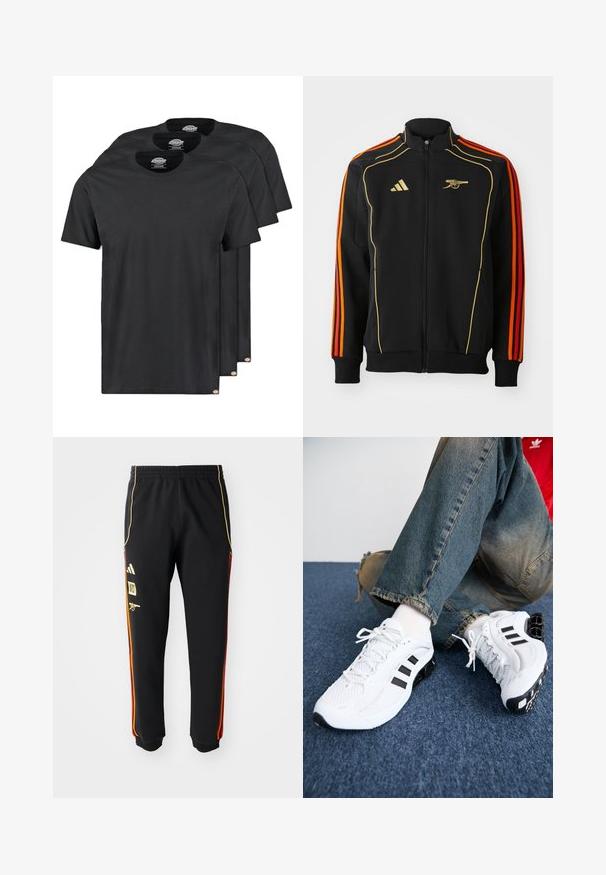 Black zip-up jacket with gold and orange accents. Features three orange stripes on sleeves and a logo on the chest. Made from soft fabric.; Black cotton t-shirts in a pack of three. Crew neck, short sleeves, and a smooth texture. Logo tag at the hem.; Black athletic pants with elastic waist, gold and red side stripes, and yellow logos on the left thigh.; White mesh athletic shoes with black accents, featuring a textured design and distinctive sole, paired with blue denim jeans.