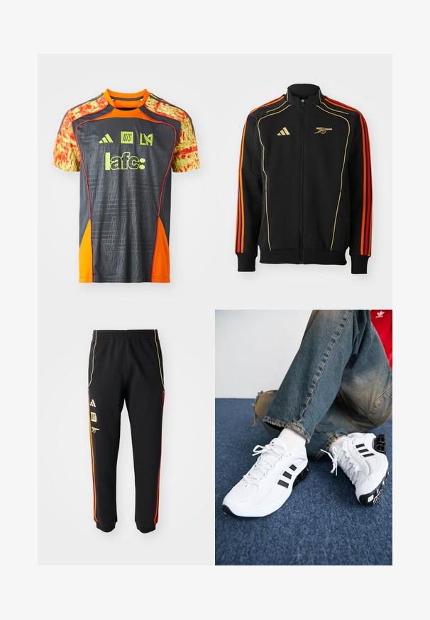 Black zip-up jacket with gold and orange accents. Features three orange stripes on sleeves and a logo on the chest. Made from soft fabric.; Gray sports shirt with vibrant orange accents and patterned yellow sleeves. Features logos and text in bright green. Lightweight fabric.; Black athletic pants with elastic waist, gold and red side stripes, and yellow logos on the left thigh.; White mesh athletic shoes with black accents, featuring a textured design and distinctive sole, paired with blue denim jeans.