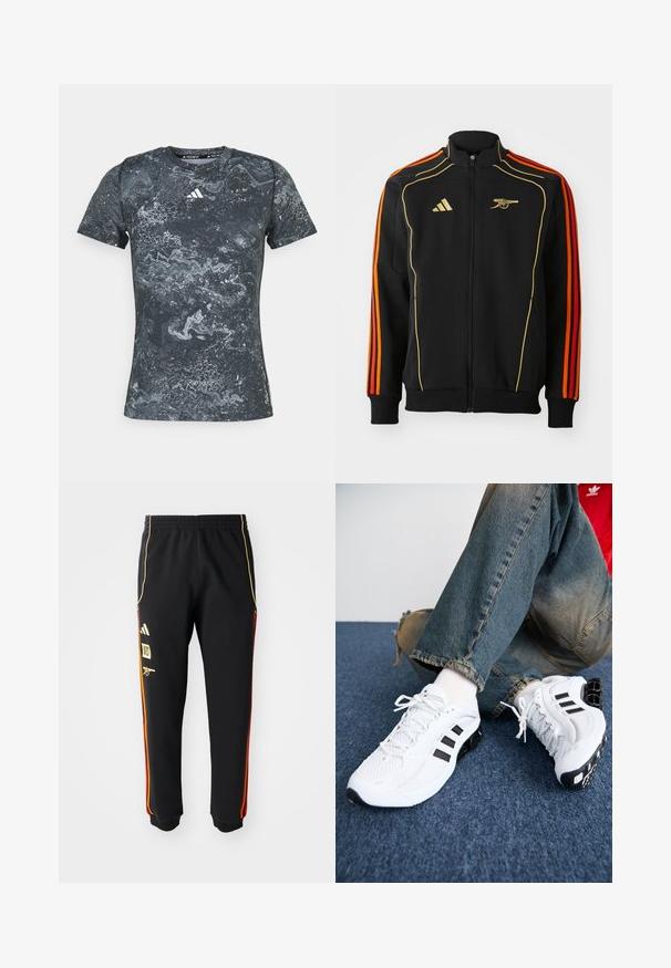Mustapaitapusa, jossa on kultaisia ja oransseja yksityiskohtia. Ominaisuuksia ovat kolme oranssia raitaa hihoissa ja logo rinnassa. Valmistettu pehmeästä kankaasta.; Lyhythihainen musta urheilupaita, jossa on harmaa marmorikuvio, valmistettu sileästä kankaasta, jossa on pyöreä pääntie ja Adidas-logo rinnassa.; Musta urheiluhousut, joissa on joustava vyötärö, kultaiset ja punaiset sivuviivat sekä keltaiset logot vasemmassa reidessä.; Valkoiset verkkomateriaalista valmistetut urheilukengät mustilla yksityiskohdilla, joissa on teksturoitu muotoilu ja erottuva pohja, paritettu sinisten farkkujen kanssa.