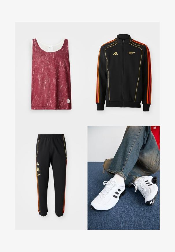 Czarna kurtka zapinana na zamek błyskawiczny z złotymi i pomarańczowymi akcentami. Posiada trzy pomarańczowe paski na rękawach oraz logo na klatce piersiowej. Wykonana z miękkiego materiału.; Czerwony, siatkowy top na ramiączkach z lekko wyblakłym, postarzanym wzorem. Posiada białą lamówkę wokół dekoltu i otworów na ramiona oraz małą metkę z logo na dole.; Czarne spodnie sportowe z elastycznym pasem, złotymi i czerwonymi paskami po bokach oraz żółtymi logo na lewym udzie.; Białe siateczkowe buty sportowe z czarnymi akcentami, z teksturowanym wzorem i charakterystyczną podeszwą, w połączeniu z niebieskimi dżinsami.