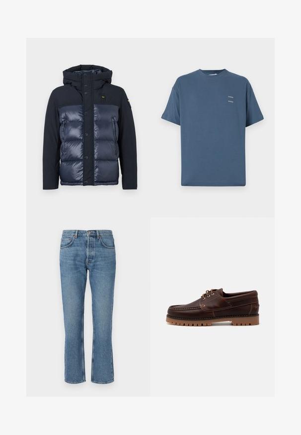 Navy puffer jacket with a hood. Features a quilted finish, button closure, and a side zip pocket. Made of shiny and matte fabric.; Blue cotton t-shirt with a classic crew neck, short sleeves, relaxed fit, and two small printed logos on the chest. Smooth texture.; Light blue denim jeans with a straight cut, five-pocket design, and contrasting stitching. The fabric has a soft texture and slight fading.; Brown leather boat shoe with stitching details, lace-up design, and rugged rubber sole with textured treads for traction.