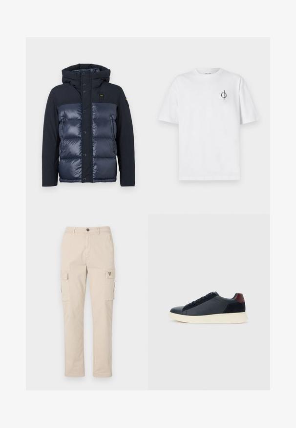 Tamsiai mėlynas pūkinis švarkas su kapišonu. Yra siuvinėta apdaila, mygtukų užsegimas ir šoninis užtrauktuko kišenė. Pagamintas iš blizgaus ir matinio audinio.; Balta medvilninė marškinė su laisvu siluetu, su mažą juodą grafiką logotipą kairėje krūtinės pusėje. Trumpomis rankovėmis, apvaliu kaklu.; Bežiniai cargo kelnės, pagamintos iš medvilnės, su dviem šoniniais kišenėmis, viena užpakaline kišenė ir mažu logotipu šone. Tiesios kojų konstrukcijos, tvirtas audinys.; Juodos odinės ir zomšinės vyriškos žemos sportinės avalynės su bordo spalvos kulkšnių juostele ir balto kaučiuko padu vaizdas iš išorės.