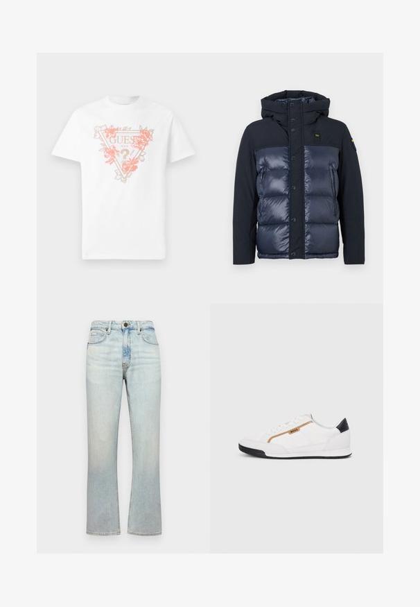 Jūras zila pūkainā jaka ar kapuci. Iespējas: pārklāta virsma, pogu aizdare un sānu rāvējslēdzēja kabata. Izgatavota no spīdīga un matēta auduma.; Balta kokvilnas T-kreklā ar trīsstūra logotipu, kas rotāts ar ziedu akcentiem korālā un zelta krāsā. Īsas piedurknes un apaļa izgriezuma kakla daļa.; Gaiši zili džinsi ar augstu jostasvietu, taisnu kāju griezumu un vieglu izbalēšanu. Iekļauj piecas kabatas un metāla pogu aizdari.; Baltijas krāsā baltas sporta kurpes ar acu un ādas akcentiem. Iezīmējas ar zelta "BOSS" logo, teksturētām sānu paneļiem un melnu papēža kapu. Gumijas zole.