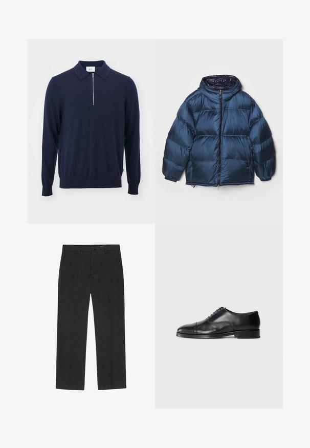 Filippa K PUFFER JACKET - Untuvatakki - dawn blue/navy; Tummansininen neulepusero, jossa on kauluksellinen muotoilu, puolivälin vetoketju ja resorit hihoissa, valmistettu pehmeästä ja sileästä materiaalista.; Musta housut suoran lahkeen muotoilulla, valmistettu kevyestä kankaasta. Varustettu etutaskuilla ja nappisulkimella. Sileä pinta.; Musta nahkakenkä pyöreällä kärjellä, sileällä pinnalla, nauhalla suljettuna, ja hienovaraisella sauman yksityiskohdalla, jossa on matala, tasapohjainen korko.
