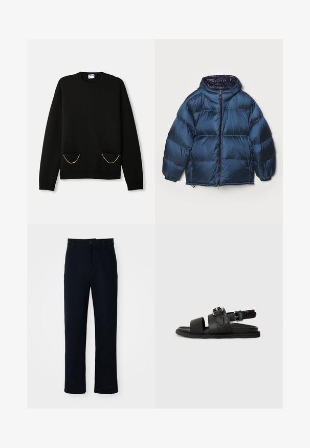 Filippa K PUFFER JACKET - Down jacket - dawn blue/navy; Black long-sleeve sweater with crew neck featuring two front pockets each adorned with a small gold chain detail.; Navy blue trousers made of cotton, featuring a straight-leg design, a front button closure, and classic waistband with belt loops.; Black leather sandal featuring two wide straps and an adjustable ankle strap with a buckle. Flat sole with a textured edge.