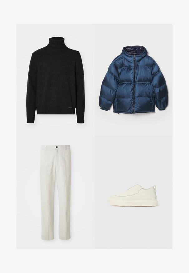 Filippa K PUFFER JACKET - Chaqueta de plumas - dawn blue/navy; Suéter negro de cuello alto fabricado con un tejido suave, con cuello, puños y dobladillo acanalados, de textura lisa y sin patrones visibles.; Pantalones rectos beige con presillas para cinturón, botón frontal y cierre de cremallera, exhibidos en plano sobre un fondo blanco.; Zapatilla slip-on en material texturizado color blanco roto con una suela gruesa y estriada. Presenta costuras mínimas y un sutil acento azul claro.