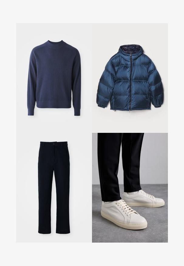 Filippa K PUFFER JACKET - Puhovka - dawn blue/navy; Temno modra rebrasta pulover s visokim izrezom, dolgimi rokavi in prilegnjenim robom; teksturirana tkanina dodaja globino.; Temno modri hlače iz bombaža, s ravnim krojem, sprednjim gumbom in klasičnim pasom z zankami za pas.; Svetlo bež usnjeni športni čevlji z ravnimi vezalkami, teksturirano površino in kontrastnim smetanastim gumijastim podplatom, v kombinaciji s črnimi oprijetimi hlačami.