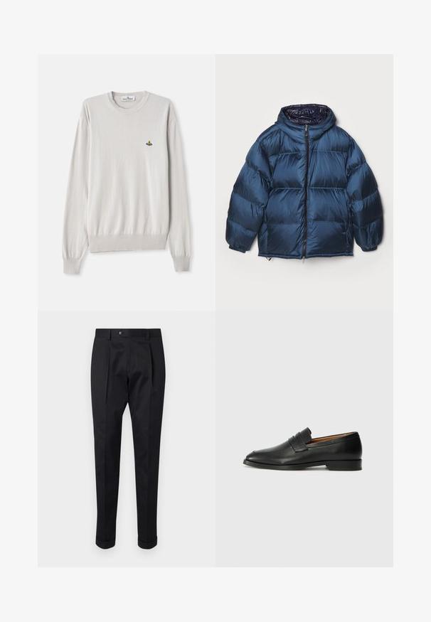 Filippa K PUFFER JACKET - Puhovka - dawn blue/navy; Svetlo bež pulover z dolgimi rokavi in rebrastimi manšetami ter robom, ki ima majhen večbarven vezen logotip na levi strani prsnega koša.; Črne hlače iz gladkega materiala, z zavihkom spredaj, gumbom za zapiranje in zvitim robom ob gležnjih.; Črne usnjene loferice z zaobljenim prstom, subtilnim šivanjem in nizkim petam, ki se odlikujejo po gladki teksturi in minimalističnem oblikovanju.