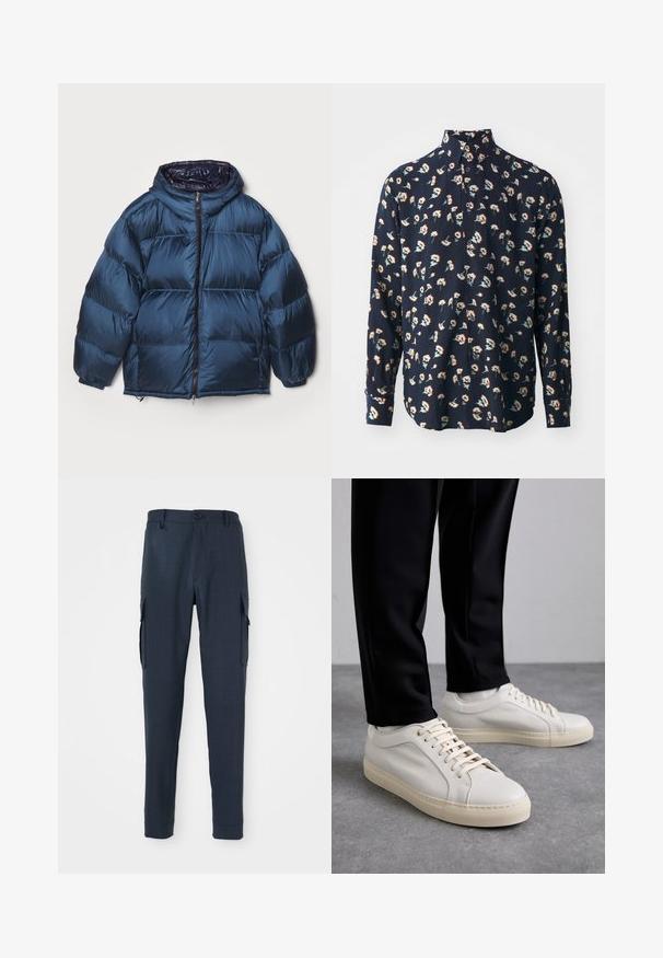 Filippa K PUFFER JACKET - Down jacket - dawn blue/navy; Paul Smith REGULAR FIT SHIRT - Shirt - black; Navy cargo pants with a textured fabric, slim fit, button closure at the waist, and side pockets for added functionality.; Light beige leather sneakers with flat laces, a textured surface, and a contrasting cream-colored rubber sole, paired with black tapered pants.