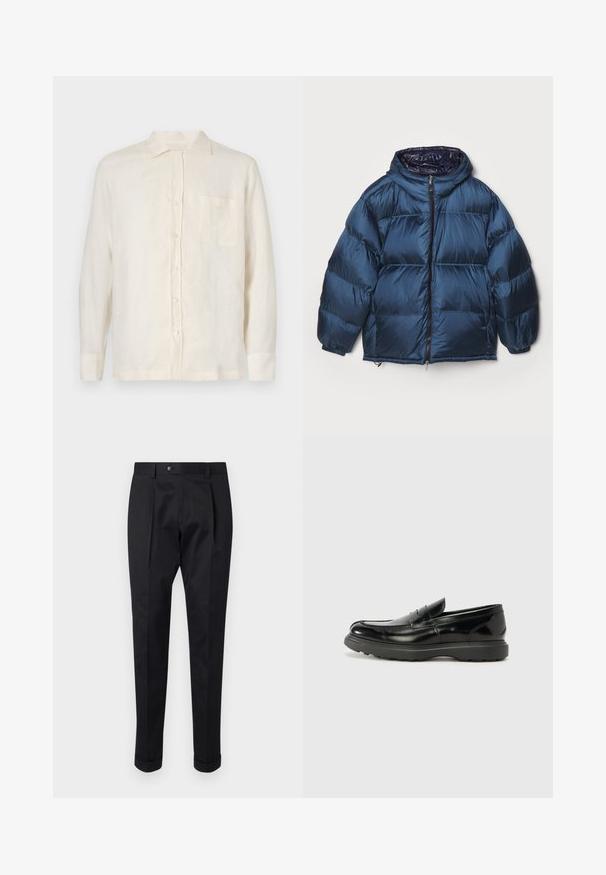 Filippa K PUFFER JACKET - Dūnu jaka - dawn blue/navy; Kremkrāsas lina krekls ar pogu aizdari, garām piedurknēm un krūšu kabatu. Tam ir klasiskā apkakle un viegla tekstūra.; Melni bikses, izgatavotas no gludas auduma, ar uzkāpes priekšpusē, pogu aizdari un velkot piegriezumu pie potītes.; Melnas ādas loafers ar spīdīgu apdari, noapaļota pirksta forma, smalkas šuvju detaļas un bieza gumijas zole ilgstošai lietošanai.