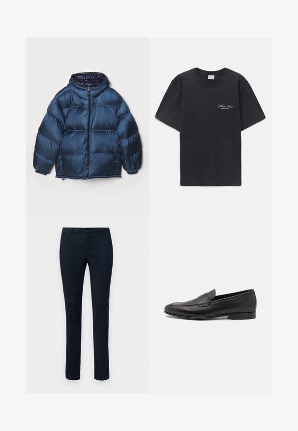 Filippa K PUFFER JACKET - Bunda z prachového peří - dawn blue/navy; Černé tričko s krátkým rukávem a kulatým výstřihem s malým bílým logem "Filling Pieces" na levé hrudi.; Námořnické chino kalhoty vyrobené z bavlněného směsového materiálu, s úzkým střihem, bočními kapsami, poutky na opasek a hladkou texturou bez viditelných vzorů.; Černé kožené pánské mokasíny s nízkým podpatkem a klasickým designem se sponou, zobrazené v bočním profilu na bílém pozadí.