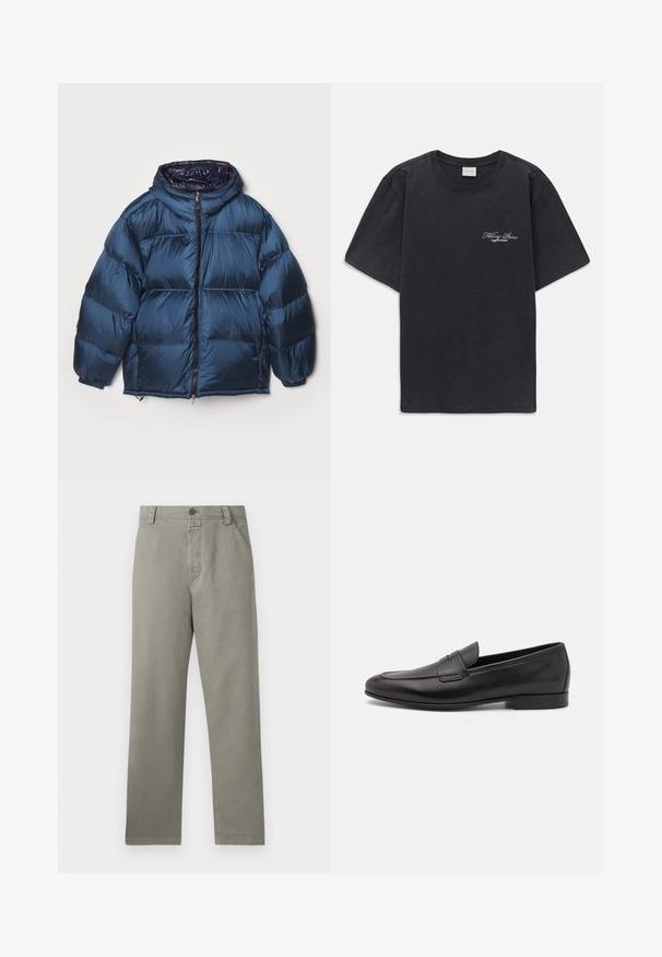 Filippa K PUFFER JACKET - Chaqueta de plumas - dawn blue/navy; Camisa de tirantes negra con cuello redondo y logo pequeño en blanco de "Filling Pieces" en el lado izquierdo del pecho.; Pantalones de color gris claro hechos de algodón, con un diseño de pierna recta, lazos para cinturón y un cierre de botón único en la cintura.; Mocasín negro de cuero para hombres con un tacón bajo y un diseño clásico de cinta para monedas, mostrado en perfil lateral sobre un fondo blanco.