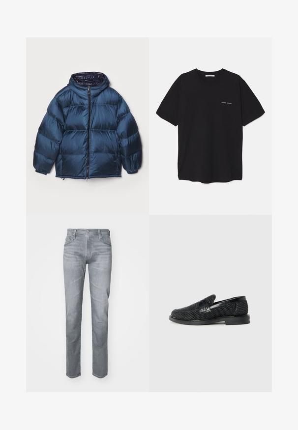 Filippa K PUFFER JACKET - Dunjacka - dawn blue/navy; Svart bomull T-shirt med rund hals, korta ärmar och vit logotryck på vänster bröst. Enkel, enfärgad design.; Grå denimjeans med rak passform, fem ytterfickor, bältenoppar och knappstängning framtill. Subtil blekning för textur.; Svart vävd slip-on sko med en slät läderdetalj på ovansidan, med rund tådesign och en låg gummisula.