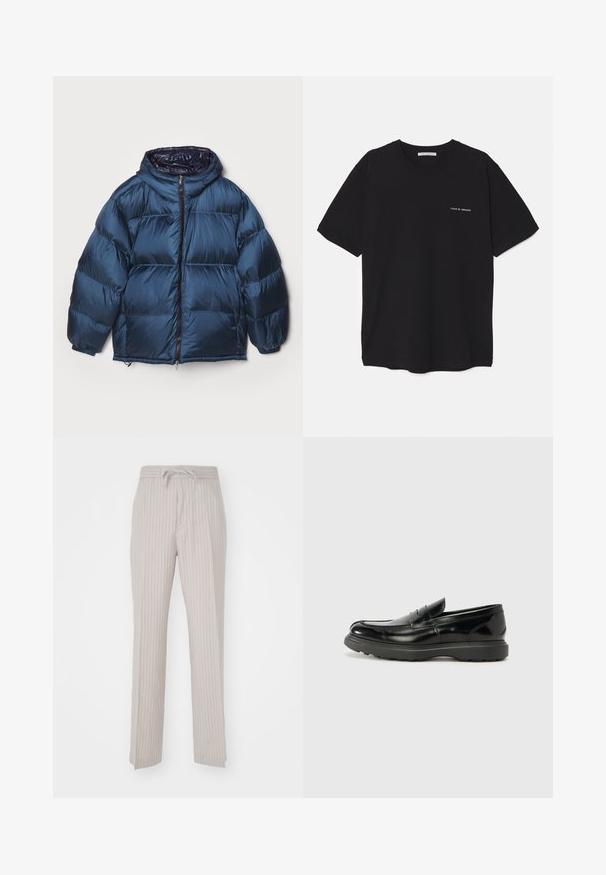 Filippa K PUFFER JACKET - Puhovka - dawn blue/navy; Črna bombažna majica s kratkimi rokavi in okroglim ovratnikom, z belim logotipom natisnjenim na levi prsni strani. Preprost, enobarven dizajn.; Svetlo bež hlače z vertikalnimi tankimi črtami, z elastičnim pasom in vrvico za zavezovanje. Mehka tkanina, ravna rez.; Črne usnjene loafer čevlje z sijajno obdelavo, okroglo špico, subtilnimi šivi in debelim gumijastim podplatom za trajnost.