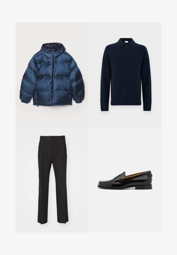 Filippa K PUFFER JACKET - Down jacket - dawn blue/navy; Navy blue long-sleeve knit polo sweater with three buttons and a folded collar, displayed on a white background.; Black tailored trousers featuring a straight leg design, two front pockets, and a double-button closure at the waistband. Smooth fabric texture.; Bally CHARLEX - Smart slip-ons - black