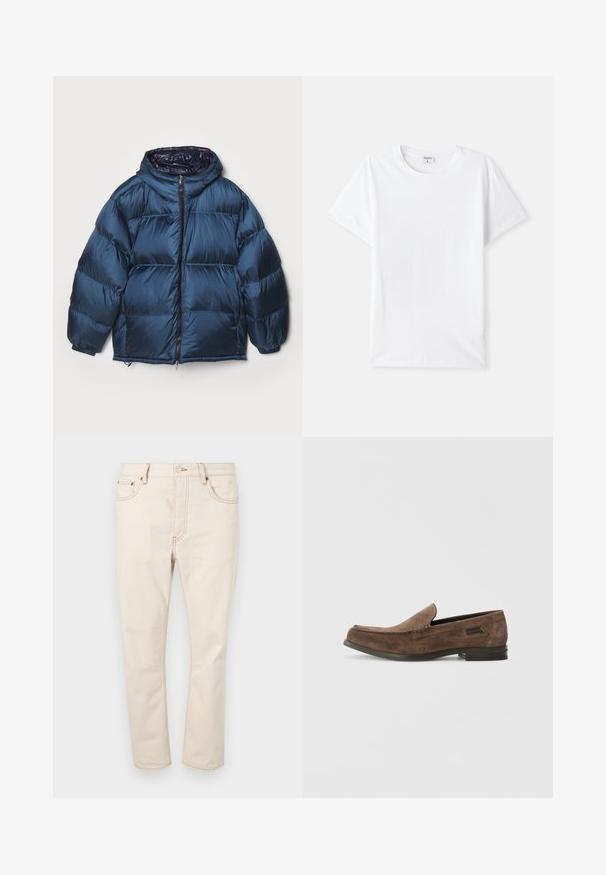 Filippa K PUFFER JACKET - Down jacket - dawn blue/navy; White cotton t-shirt, crew neckline, short sleeves, smooth texture, no patterns or accents, simple design, standard fit.; Beige denim jeans with a straight-leg cut, featuring five pockets, contrasting stitching, and a button closure at the waistband.; Stuart Weitzman BURT - Slip-ons - espresso