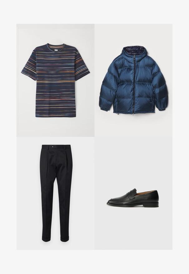 Filippa K PUFFER JACKET - Puhovka - dawn blue/navy; Mornarska majica s kratkimi rokavi, okrašena s horizontalnimi črtami v različnih barvah, okroglim ovratnikom, mehkim materialom in sproščenim krojem.; Črne hlače iz gladkega materiala, z zavihkom spredaj, gumbom za zapiranje in zvitim robom ob gležnjih.; Črne usnjene loferice z zaobljenim prstom, subtilnim šivanjem in nizkim petam, ki se odlikujejo po gladki teksturi in minimalističnem oblikovanju.