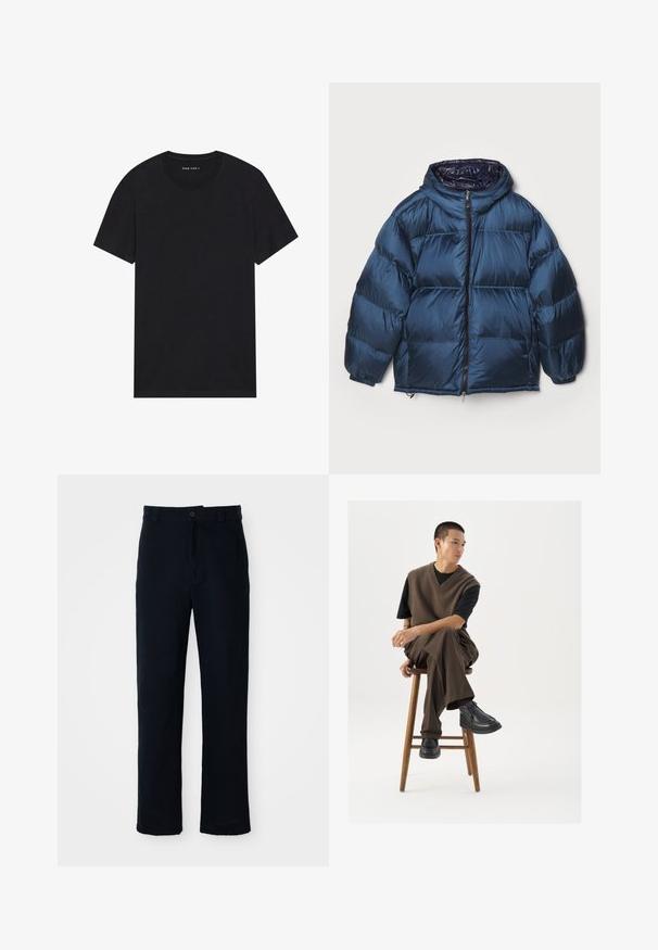 Filippa K PUFFER JACKET - Chaqueta de plumas - dawn blue/navy; Camiseta de algodón negra con mangas cortas y escote redondo. La tela tiene una textura suave y un diseño simple y sólido.; Pantalones azul marino de algodón, con un diseño de pierna recta, cierre frontal de botón y una cintura clásica con pasadores para cinturón.; Chaleco de punto marrón sobre una camiseta negra, combinado con pantalones anchos marrones y zapatos negros gruesos, sentado en un taburete de madera.