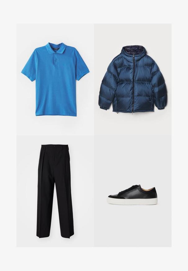Filippa K PUFFER JACKET - Untuvatakki - dawn blue/navy; Sininen polo-paita, joka on valmistettu pehmeästä kankaasta. Siinä on klassinen kaulus, kolme nappia ja pieni logo rinnassa.; Mustat laskostetut housut, joissa on suora, leveä lahje. Valmistettu sileästä kankaasta, jossa on nappisuljenta ja vyölenkit.; Musta nahkakengät, joissa on nubukkoristeet, pyöreä kärki, litteä valkoinen kumipohja ja kontrastoivat pinnat varressa ja nauhoissa.