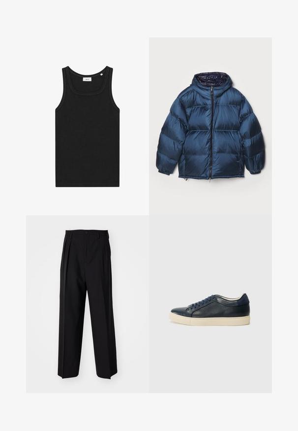 Filippa K PUFFER JACKET - Tollkabát - dawn blue/navy; Fekete ujjatlan top, puha anyagból készült. Lekerekített nyakkivágással és tiszta szélekkel rendelkezik, egyszerű designt és látható logók nélküli megjelenést kínál.; Fekete, pliszírozott nadrág, egyenes, széles lábakkal. Sima anyagból készült, gombos záródással és övhurkokkal rendelkezik.; Sötétkék bőr sportcipő krémszínű gumitalppal, kék fűzőkkel és sima textúrával. Lekerekített orr és minimalista design.