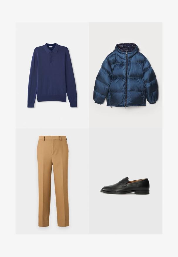 Filippa K PUFFER JACKET - Bunda z prachového peří - dawn blue/navy; Námořnická modrá polo svetr s dlouhým rukávem z měkké pleteniny. Má klasický límec, tři knoflíky a žebrované manžety a lem.; Beige kalhoty z tkané látky, s rovnými nohavicemi, plochým předním dílem a poutky na opasek. Hladký povrch bez viditelných vzorů.; Černé kožené mokasíny s kulatou špičkou, jemným prošíváním a nízkým podpatkem, s hladkým povrchem a minimalistickým designem.