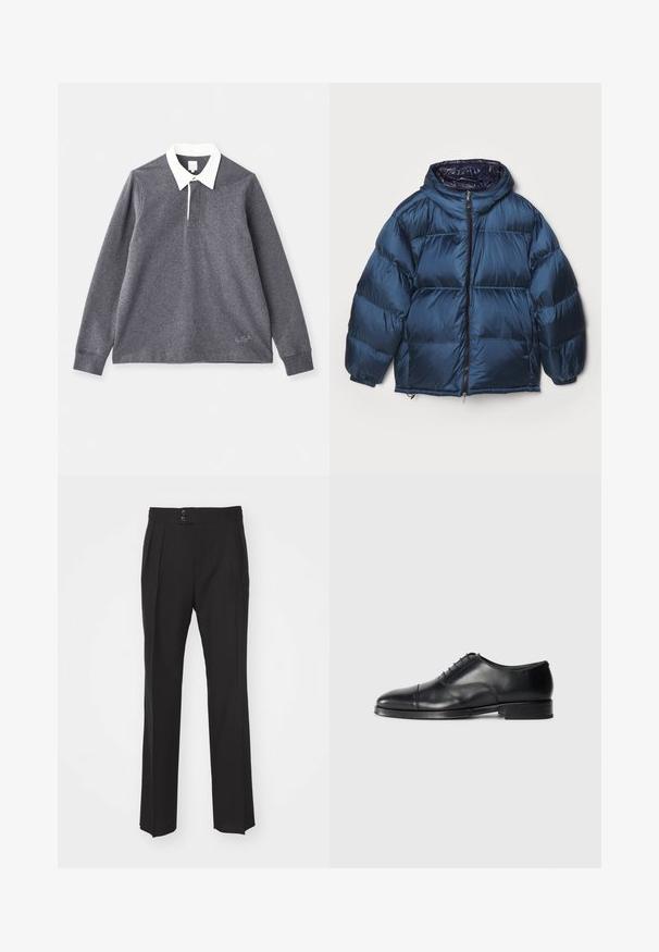 Filippa K PUFFER JACKET - Daunenjacke - dawn blue/navy; Graues Langarm-Polohemd aus Baumwollmischung mit weißem Kragen. Verfügt über eine Knopfleiste und ein gesticktes Logo am Saum.; Schwarze maßgeschneiderte Hose mit geradem Bein, zwei Fronttaschen und einer doppelten Knopfverschluss an der Taille. Glatte Stoffoberfläche.; Schwarze Lederanzugschuhe mit gerundetem Zeh, glatter Oberfläche, Schnürdesign und dezentem Nahtdetail, ausgestattet mit einem niedrigen, flachen Absatz.