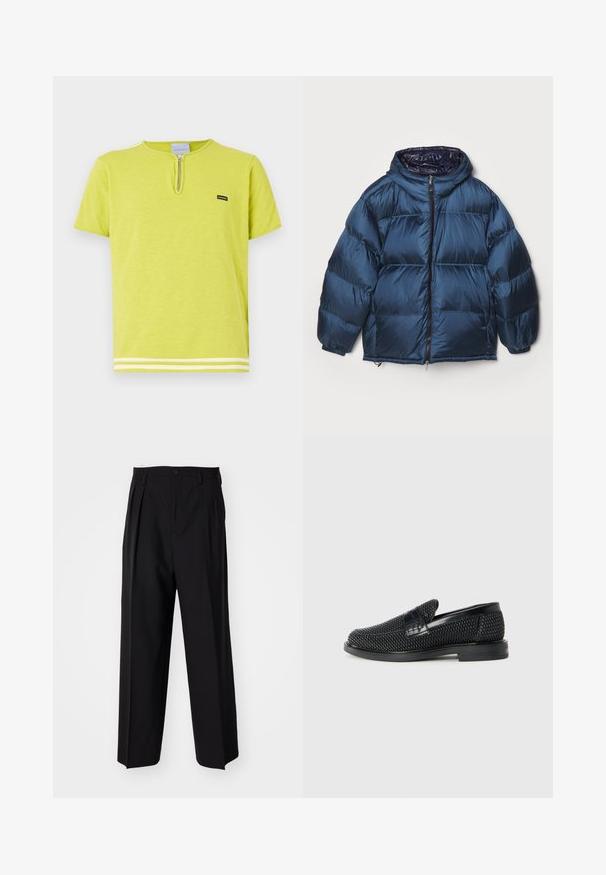Filippa K PUFFER JACKET - Sulejope - dawn blue/navy; Laime roheline T-särk pehmest kangast, millel on lukuga kaelus, lühikesed varrukad ja valged triibud alläärtes.; Mustad volditud püksid sirge ja laia säärega disainiga. Valmistatud siledast kangast, millel on nuppudega sulgemine ja vööaasad.; Must musta kootud slip-on king, millel on pehme nahast accent ülaserval, ümmargune varvas ja madal profiiliga kummitald.