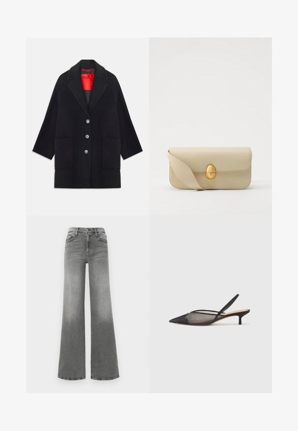 Casaco de lã preto com um design estruturado, mangas longas, dois bolsos frontais e cinco botões para fecho. Forrado com tecido vermelho brilhante.; Pulôver cinza de gola alta feito de um tecido suave, apresentando mangas longas, gola e bainha caneladas com um corte descontraído. Textura suave e design simples.; Calças largas cinzas feitas de denim. Apresentam uma cintura alta, quatro bolsos e um leve efeito desbotado na parte frontal para adicionar textura.; NEOUS IRENA - Saltos clássicos - black; Bolsa de mão em pele bege com uma textura lisa, forma retangular e um fecho oval dourado. Possui uma alça longa e ajustável.