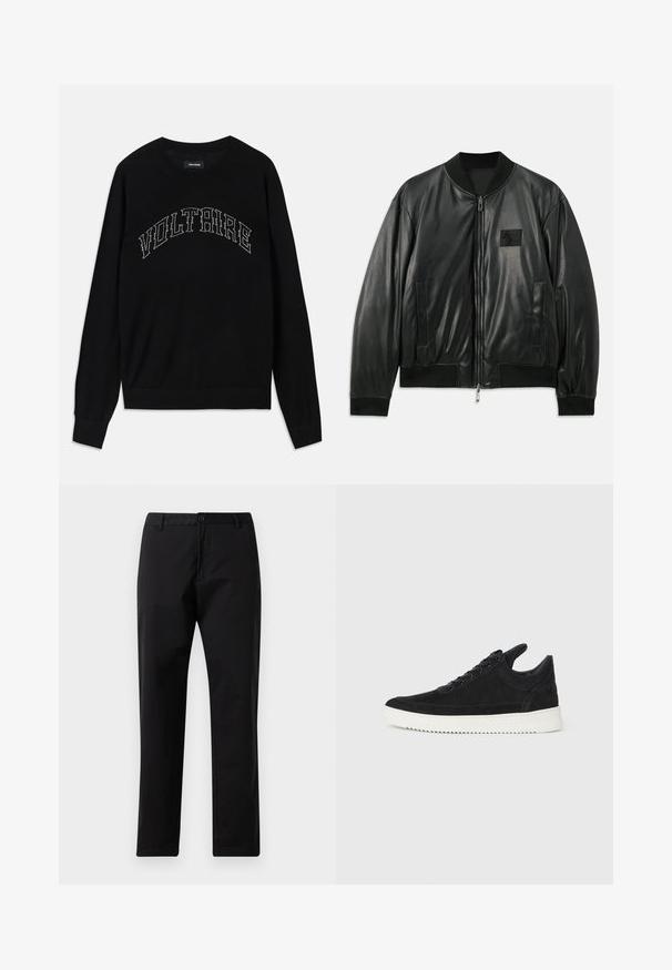 Melnas ādas bomber jakas ar rāvējslēdzēju priekšā, ribota aproces un apakšmalas, kā arī sānu kabatām; uz krūtīm ir neliels logo uzlīme.; Melnā džemperis ar apaļu kakla izgriezumu un garām piedurknēm. "VOLTAIRE" kontrastējošā izšuvumā krūtīs. Mīksta tekstūra un pieguļošs dizains.; Melni taisni bikses ar pogu un rāvējslēdzēja aizdari, jostas cilpām un priekšējiem kabatām, izliktas uz baltas fona.; Melna zamša apavi ar baltu gumijas zoli, ar tonālu izšuvumu un auklu dizainu. Gluda tekstūra ar mūsdienīgu, plūstošu formu.