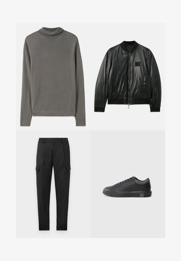 Schwarze Leder-Bomberjacke mit einem Reißverschluss vorne, gerippten Bündchen und Saum sowie seitlichen Taschen; verfügt über ein kleines Logo-Patch auf der Brust.; Grauer Rollkragenpullover aus weichem, leichtem Stoff. Mit langen Ärmeln und einem gerippten Halsauschnitt, der durchgehend eine glatte Textur aufweist.; Schwarze Cargo-Hose mit elastischem Bund, schmalem Bein, Seitentaschen und einer einzelnen Cargotasche am linken Oberschenkel. Glatte Textur.; Schwarze Ledersneaker mit glatter Oberfläche, runder Zehenpartie und dunkelgrauen Akzenten. Verfügt über ein Schnürdesign und eine strukturierte Gummisohle.