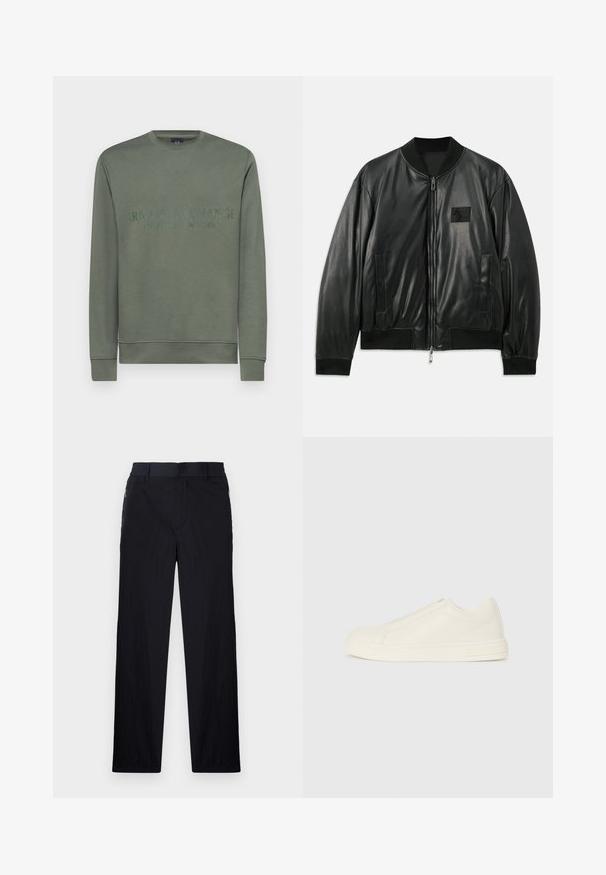 Jaqueta bomber de couro preta com fecho de correr à frente, punhos e barra canelados, e bolsos laterais; apresenta um pequeno emblema no peito.; Armani Exchange FELPA - Camisola - agave green; Calças pretas com um tecido leve e texturizado, design de pernas retas, cintura elástica e bolsos laterais com fecho.; Sapatilha de couro bege de cano baixo com bico redondo, costura mínima e fecho de zíper lateral sobre um fundo branco.