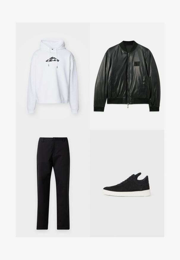 Musta nahast bomber-jakk, millel on lukuga esiosa, ribakäised ja alläär, samuti küljetaskud; rinnal on väike logopatch.; Valge kapuutsiga sviiter musta logo trükiga ees, millel on reguleeritav kapuuts, pikad varrukad ning soonikuga mansetid ja alläär.; Mustad sirged džinsid, millel on nupp ja lukuga kinni panemine, vöökohad ja eesmine taskud, esitatud valgel taustal.; Must mustel kingad valge kummist tallaga, millel on toon-toonis õmblused ja paeltega disain. Sile tekstuur ja moodne, voolujooneline kuju.
