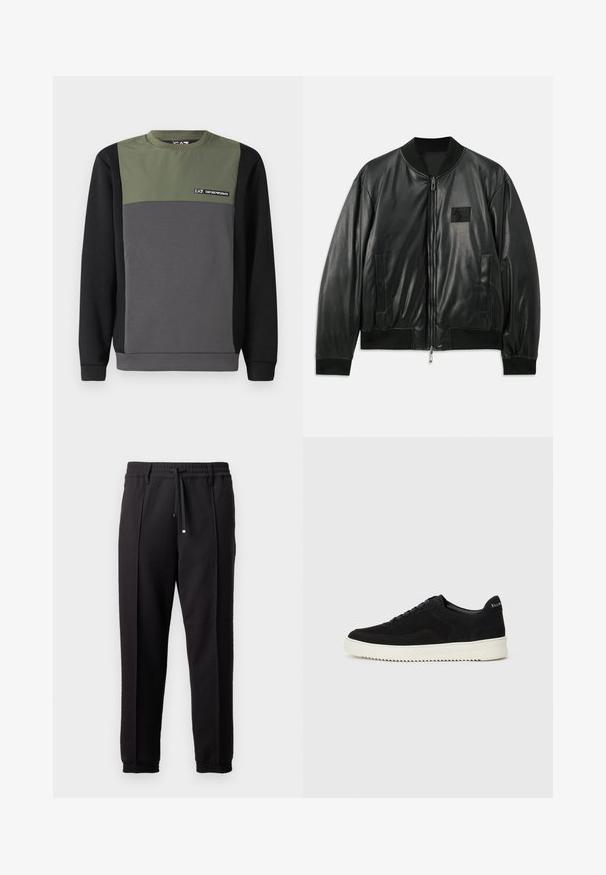 Giacca bomber nera in pelle con zip frontale, polsini e orlo a costine, e tasche laterali; presenta una piccola patch con logo sul petto.; Felpa in colori a blocchi: parte superiore verde scuro, parte centrale grigia e parte inferiore nera. Presenta maniche lunghe e un collo a giro con dettagli del logo.; Pantaloni neri con cintura, cordoncino e polsini elasticizzati. Presentano pieghe e un tessuto liscio e strutturato.; Sneaker in suede nero con design con lacci e suola in gomma bianca a contrasto. Presenta pannelli laterali testurizzati e un marchio discreto sul tallone.