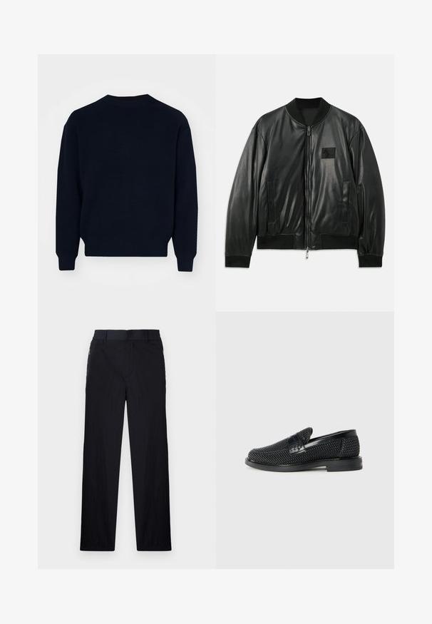 Fekete bőr bomber dzseki, cipzáras elülső résszel, bordázott mandzsettával és hemvel, valamint oldalsó zsebekkel; a mellkasán egy kis logó folt található.; Sötétkék pulóver bordázott textúrával, kerek nyakkivágású és hosszú ujjú. Egyenes szegéllyel és minimalista dizájnnal rendelkezik, látható logók nélkül.; Fekete nadrág könnyű, textúrált anyagból, egyenes szárú kialakítással, rugalmas derékpánttal és oldalsó cipzáras zsebekkel.; Fekete szőtt slip-on cipő sima bőr díszítéssel a felsőrészen, kerek orral és alacsony profilos gumitalppal.