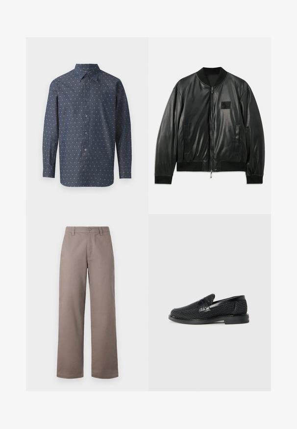 Svart lær bomberjakke med glidelås foran, ribbestrikkede mansjetter og nederkant, samt sidelommer; har et lite logo-patch på brystet.; Knappskjorte i mørk marineblå stoff med et teksturert trykk av små hvite og lys blå mønstre, med standard krage og lange ermer.; Lys brun, vide bukser med en glat overflade; har en frontknap lukning og sidelommer. Lavet af letvægtsstof.; Sorte vevde slip-on sko med en glatt lærdetalj på overdelen, design med rund tå og en lavprofil gummisåle.
