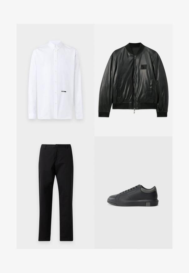 Veste bomber en cuir noir avec fermeture éclair à l'avant, poignets et ourlet côtelés, et poches latérales ; comporte un petit patch logo sur la poitrine.; Chemise blanche à manches longues avec col classique et petite étiquette noire "DSQUARED2" près de la patte de boutonnage inférieure.; Pantalons noirs à jambe droite avec fermeture à bouton et zip, passants de ceinture et poches avant, présentés sur un fond blanc.; Sneaker en cuir noir avec une finition lisse, bout rond et accents gris foncé. Présente un design à lacets et une semelle en caoutchouc texturée.