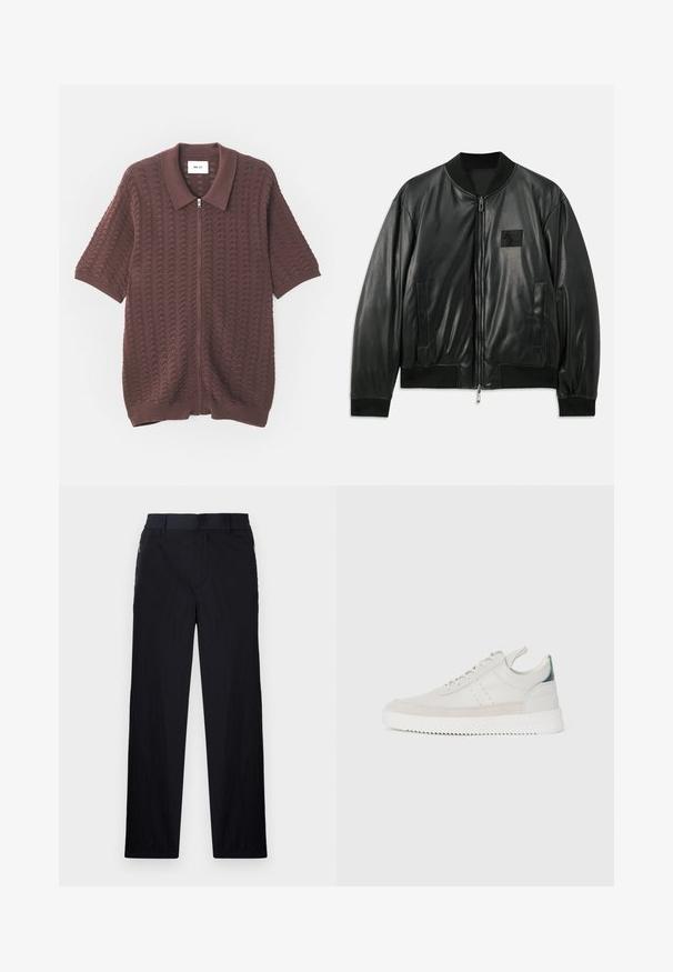 Μαύρο δερμάτινο μπουφάν τύπου bomber με φερμουάρ μπροστά, ραμμένα μανίκια και στρίφωμα, και πλαϊνές τσέπες; διαθέτει ένα μικρό λογότυπο στην μπροστινή μεριά του στήθους.; Κοντομάνικο πουκάμισο σε μπορντό από πλεκτό ύφασμα με υφή κυμάτων και ανοιχτό γιακά, διαθέτοντας ραβδωτές μανσέτες και στρίφωμα.; Μαύρο παντελόνι με ελαφρύ, υφασματοποιημένο φινίρισμα, ευθύ γραμμή, ελαστική ζώνη στη μέση και πλαϊνές τσέπες με φερμουάρ.; Λευκά δερμάτινα αθλητικά παπούτσια με γκρι σουέντ λεπτομέρειες, σχέδιο με κορδόνια, λαβή στο πίσω μέρος και υφασμάτινη σόλα από καουτσούκ με ζιγκ-ζαγκ σχέδιο.
