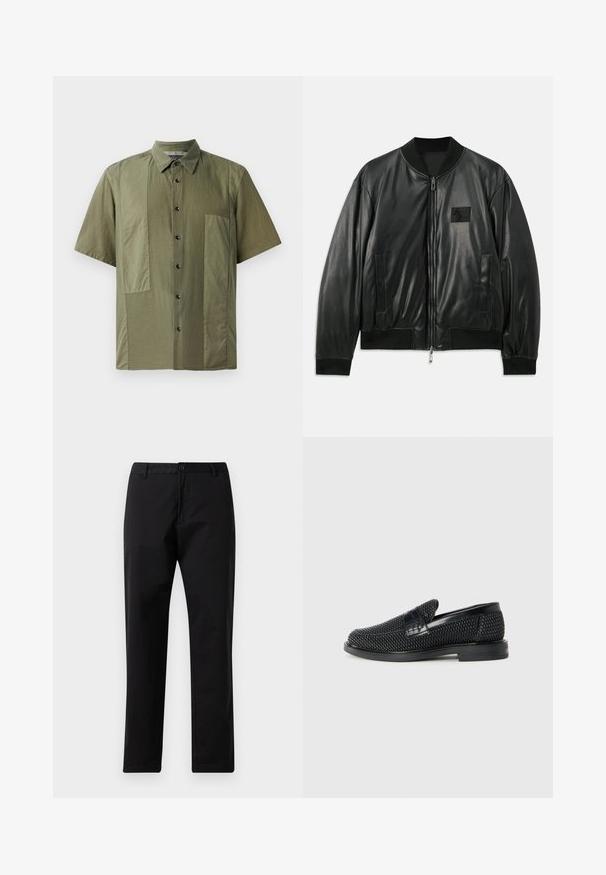 Svart lær bomberjakke med glidelås foran, ribbestrikkede mansjetter og nederkant, samt sidelommer; har et lite logo-patch på brystet.; Kortermet oliven grønn skjorte med knapp-til-ned krage, teksturert stoff og store påsydde lommer foran. Svart knapper langs placket.; Svarte rette bukser med knapp- og glidelås-lukking, beltehemper og frontlommer, vist på hvit bakgrunn.; Sorte vevde slip-on sko med en glatt lærdetalj på overdelen, design med rund tå og en lavprofil gummisåle.