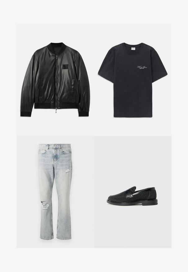 Musta nahast bomber-jakk, millel on lukuga esiosa, ribakäised ja alläär, samuti küljetaskud; rinnal on väike logopatch.; Must have lühikesed varrukad ümmarguse kaelusega must T-särk, millel vasakul rinnal on väike valge "Filling Pieces" teksti logo.; Heledad sinine teksapüksid kõrge vöökoht, sirged sääred ja kulunud detailid paremal reiel ja vasakul põlvel.; Must musta kootud slip-on king, millel on pehme nahast accent ülaserval, ümmargune varvas ja madal profiiliga kummitald.