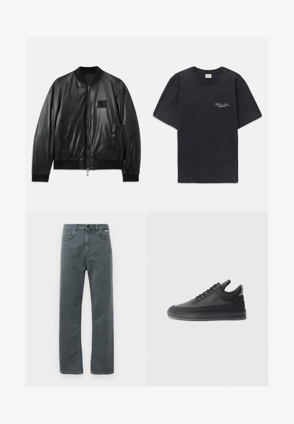Crna kožna bomber jakna s patentnim zatvaračem sprijeda, rebrastim čarapa i porubom, te bočnim džepovima; s malom logom oznakom na prsima.; Crna majica kratkih rukava s okruglim izrezom s malim bijelim logotipom "Filling Pieces" na lijevoj strani prsnog koša.; Sive traperice s ravnim nogavicama, pet džepova i dugmetom za zatvaranje. Imaju suptilno šivanje i klasičan, minimalistički dizajn.; Crne kožne tenisice s teksturiranom površinom, s vezicama, niskog su kroja i sivoj gumenoj potplati koja ima rebrasti rub.