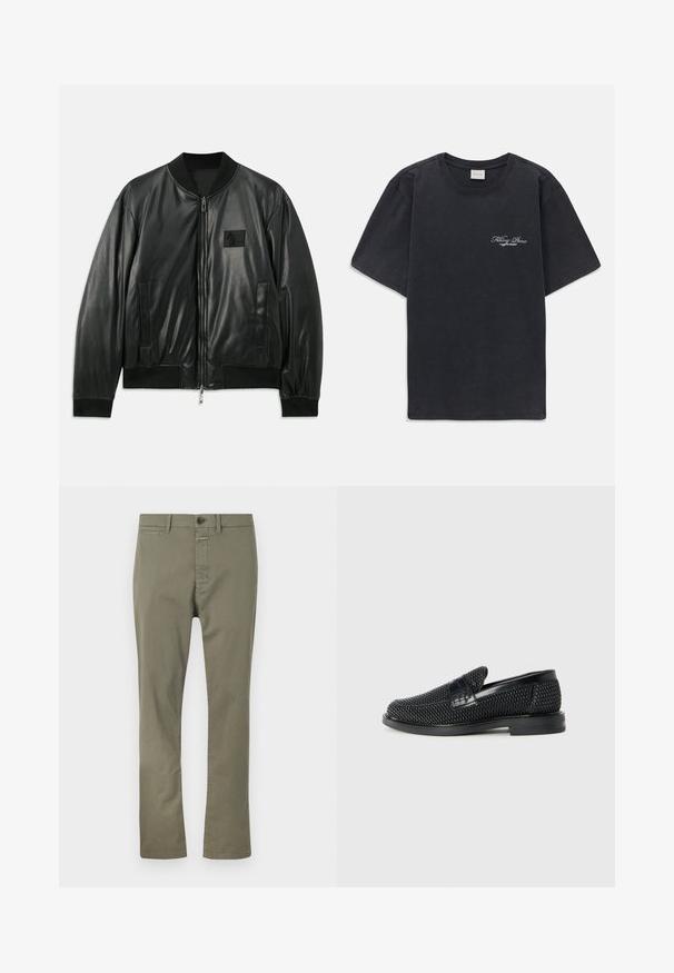 Juodas odinis bomber stiliaus švarkas su užtrauktuku priekyje, raštuotais rankogaliais ir apvadu, bei šoninėmis kišenėmis; ant krūtinės yra mažas logotipo pleistras.; Juodas trumpomis rankovėmis, apvaliu kaklu marškinėliai su mažu baltu "Filling Pieces" tekstiniu logotipu kairiajame krūtinės kampe.; Olive spalvos kelnių pagamintų iš medvilnės ir poliesterio mišinio, su užtrauktuku, sagos uždarymu ir šoninėmis kišenėmis. Tiesaus kirpimo dizainas su švelnia tekstūra.; Juodas pintas slip-on tipo batelis su lygiu odiniu akcentu viršuje, apvalios nosies dizainas ir žemas guminis padas.