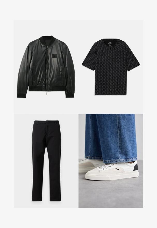 Jaqueta bomber de couro preta com fecho de correr à frente, punhos e barra canelados, e bolsos laterais; apresenta um pequeno emblema no peito.; Camiseta preta com um padrão texturizado de logótipos 'A' alternados, mangas curtas e decote redondo. Feita de tecido leve.; Calças pretas de perna reta com fecho de botão e zip, passantes para cinto e bolsos frontais, exibidas sobre fundo branco.; Sapatilhas brancas e pretas com um upper de couro suave, detalhes texturizados e uma sola branca grossa. Apresenta um design clássico de atacadores.