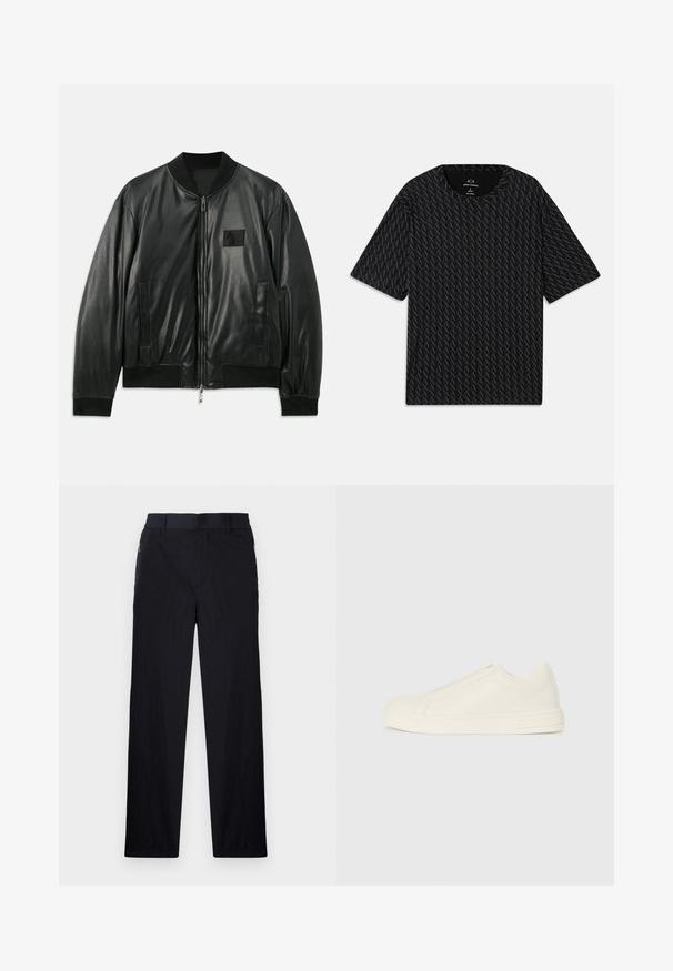 Jaqueta bomber de couro preta com fecho de correr à frente, punhos e barra canelados, e bolsos laterais; apresenta um pequeno emblema no peito.; Camiseta preta com um padrão texturizado de logótipos 'A' alternados, mangas curtas e decote redondo. Feita de tecido leve.; Calças pretas com um tecido leve e texturizado, design de pernas retas, cintura elástica e bolsos laterais com fecho.; Sapatilha de couro bege de cano baixo com bico redondo, costura mínima e fecho de zíper lateral sobre um fundo branco.