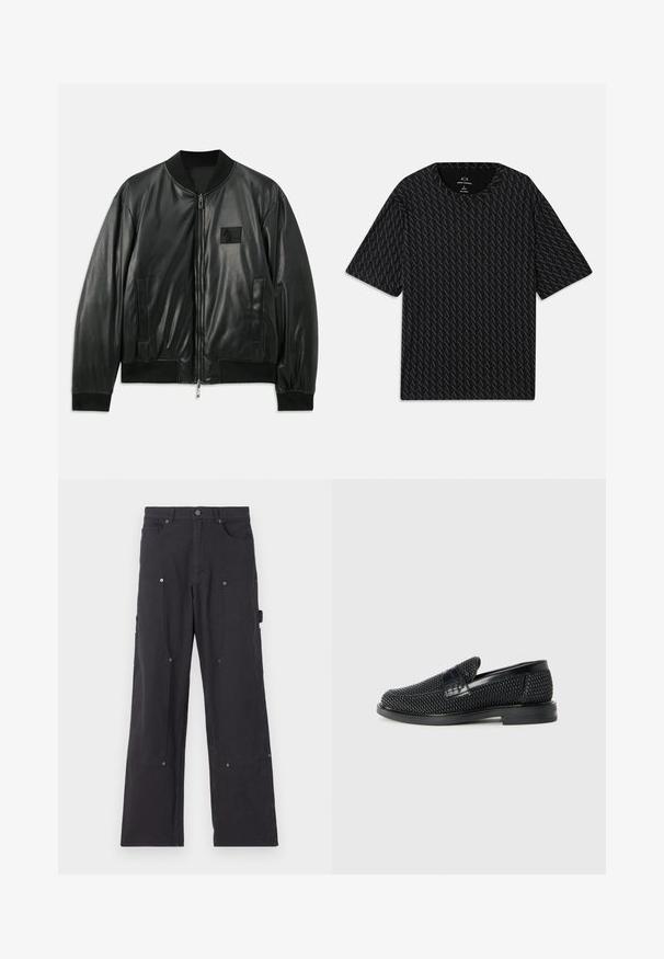 Chaqueta bomber de cuero negro con cierre de cremallera en la parte delantera, puños y dobladillo acanalados, y bolsillos laterales; presenta un pequeño parche de logo en el pecho.; Camiseta negra con un patrón texturizado de logos 'A' alternados, mangas cortas y escote redondo. Fabricada con tejido ligero.; Pantalones cargo negros hechos de un tejido duradero con un diseño de pierna recta, que cuentan con bolsillos frontales, botones a presión y bolsillos laterales de utilidad.; Zapato negro de tejido con un acento de cuero suave en la parte superior, diseño de punta redonda y suela de goma de perfil bajo.